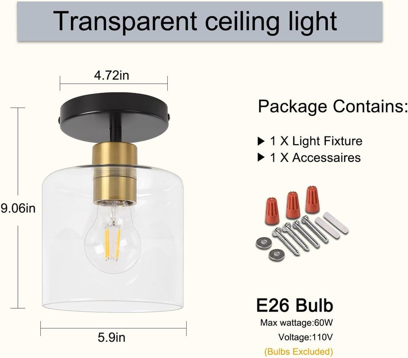 KLSS Black Brass Semi Flush Mount Ceiling Light,Modern Farmhouse Ceiling Light Fixture for Closet Entryway,Hallway Light Fixture 5.9in Clear Glass Shade 1 Pack - Image 5